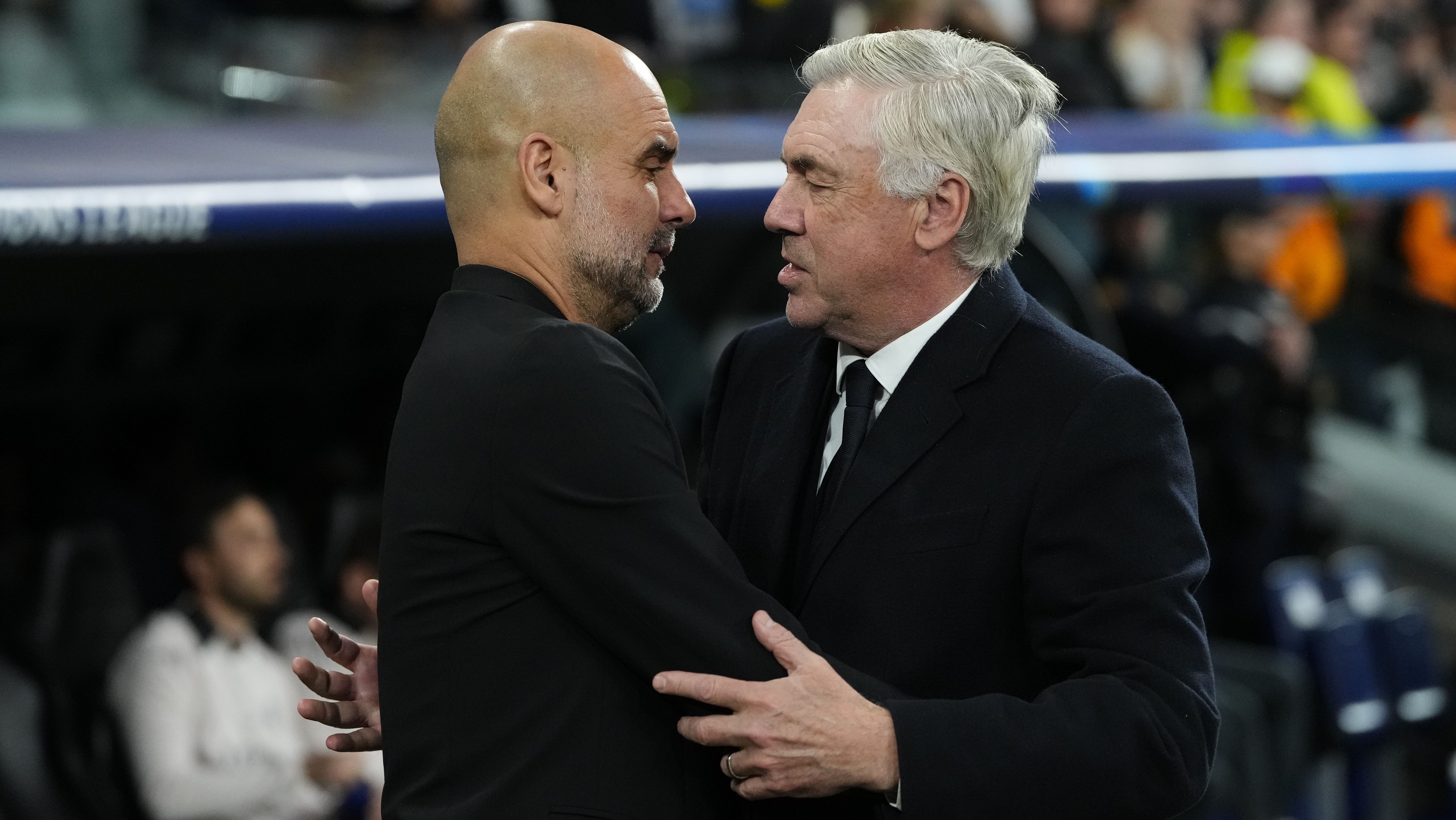 Pep Guardiola e Carlo Ancelotti em Manchester no jogo de volta entre Manchester City e Real Madrid, válido pelos playoffs da Champions League 2024/25, no dia 19 de fevereiro deste ano