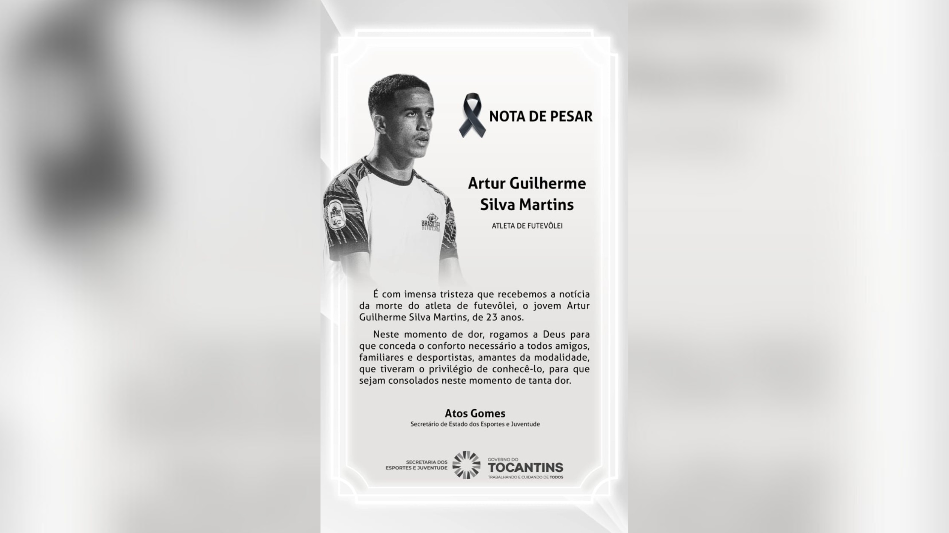 Secretário de Estado dos Esportes e Juventude manisfesta pesar com morte de atleta • Governo do Tocantins