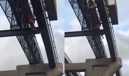 Vídeo: trabalhador escorrega e fica pendurado em obra do monotrilho de SP