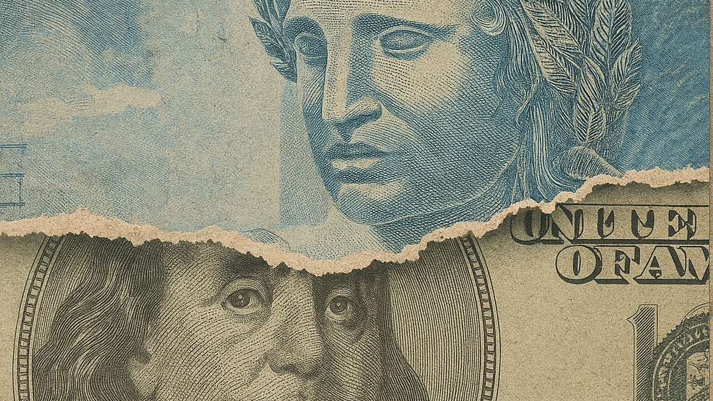 Nota de cem reais sobre nota de dez dólares