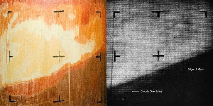 Comparação mostra lado a lado a imagem colorida à mão pelos cientistas da Nasa e a primeira foto de Marte tirada pela Mariner 4 • NASA/JPL-Caltech