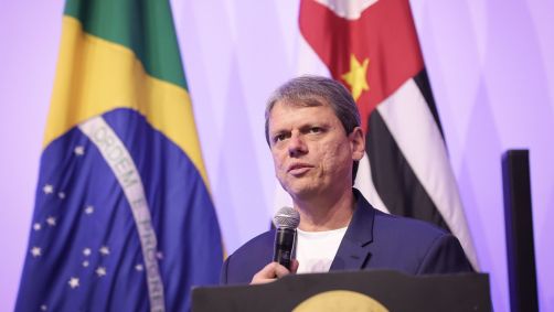Tarcísio de Freitas, governador de São Paulo, durante o lançamento do Programa Trampolim