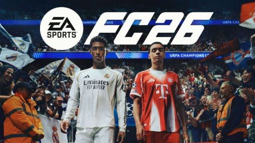 Capa do EA Sports FC 26, com Bellingham e Musiala entrando em estádio