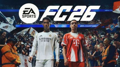 Capa do EA Sports FC 26, com Bellingham e Musiala entrando em estádio