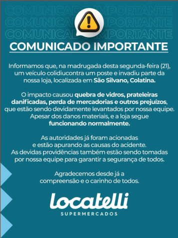 Comunicado do Locatelli Colatina Supermercados • Redes Sociais