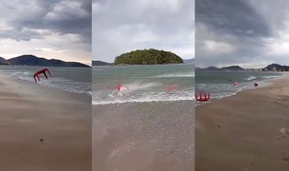 Ventos fortes jogam cadeiras de praia no mar no litoral de SP; veja vídeo
