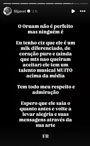 Declaração de Filipe Ret em seu Instagram • Instagram/Filipe Ret