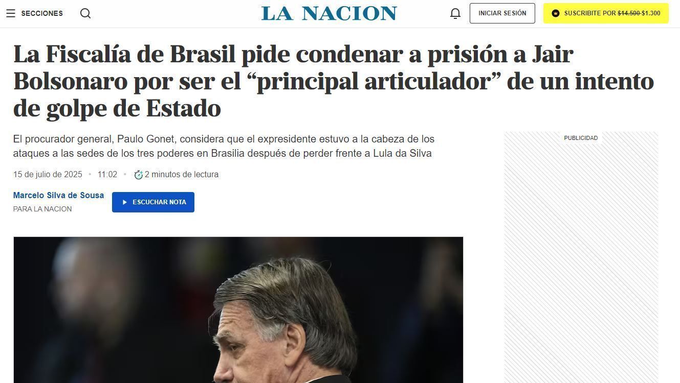 Jornal La Nacion repercute pedido de condenação de Jair Bolsonaro pela PGR