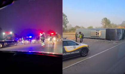 Vídeo: ônibus tomba na Rodovia Raposo Tavares e deixa feridos