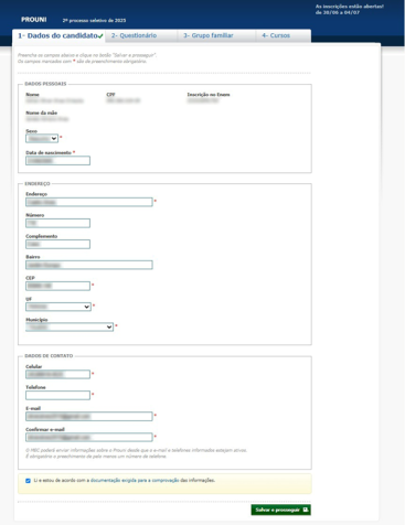 Candidatos devem informar informar seus dados pessoais, além do perfil socioeconômico e grupo familiar • Reprodução/MEC