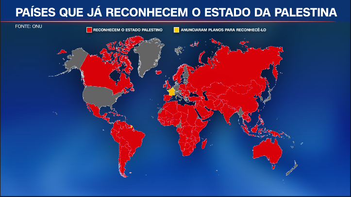 Países que reconhecem o Estado Palestino • Reprodução CNN Brasil