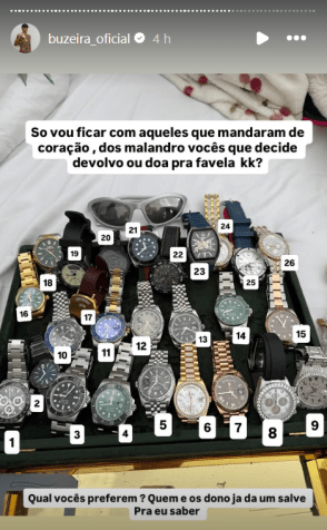 Buzeira mostrou alguns dos itens que recebeu durante festa de casamento • Instagram/Buzeira