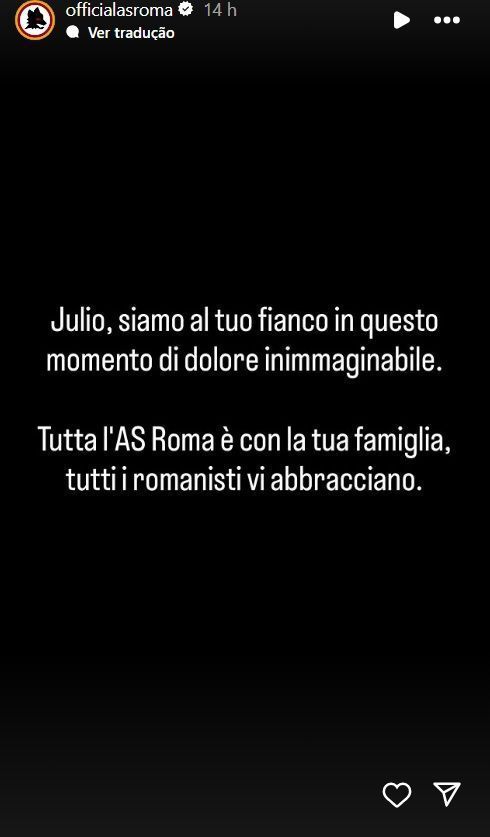 Roma presta solidariedade a Júlio Sérgio pela morte do filho Enzo Bertagnoli • Reprodução/Instagram