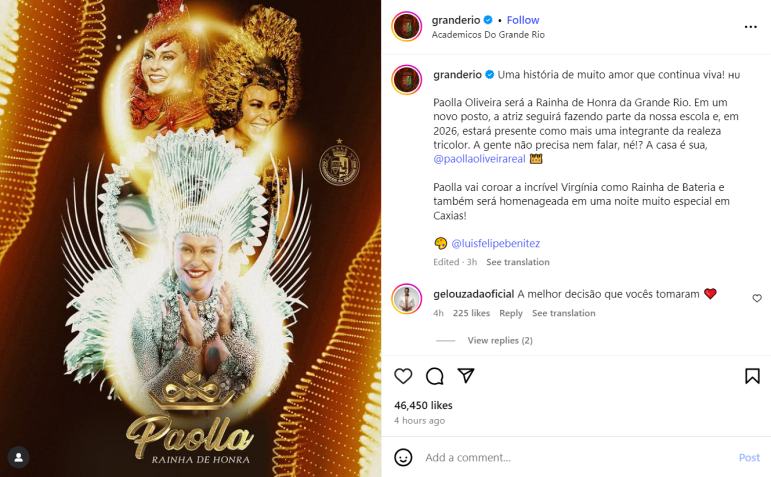 A Grande Rio fez o anúncio de Paolla Oliveira como rainha de honra nesta quarta-feira (16) • Instagram/Grande Rio