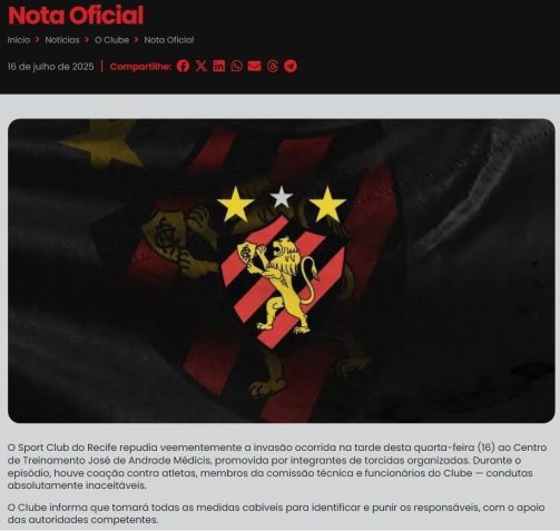 Sport emite nota sobre a invasão ao CT do clube • Reprodução/Instagram