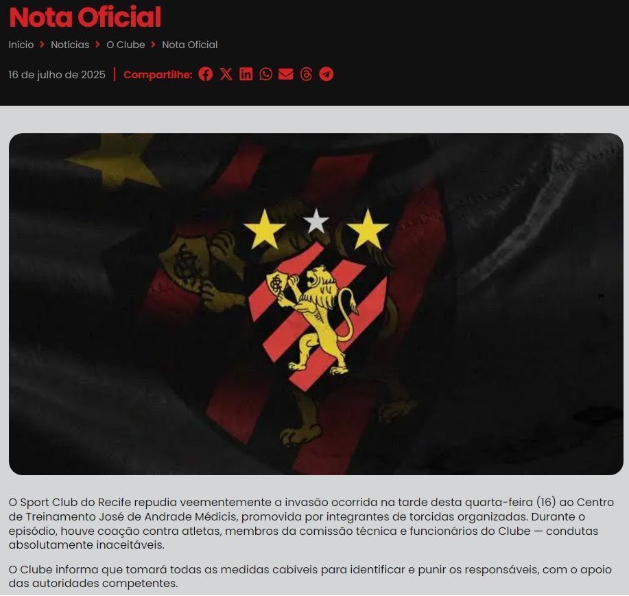 Sport emite nota sobre a invasão ao CT do clube