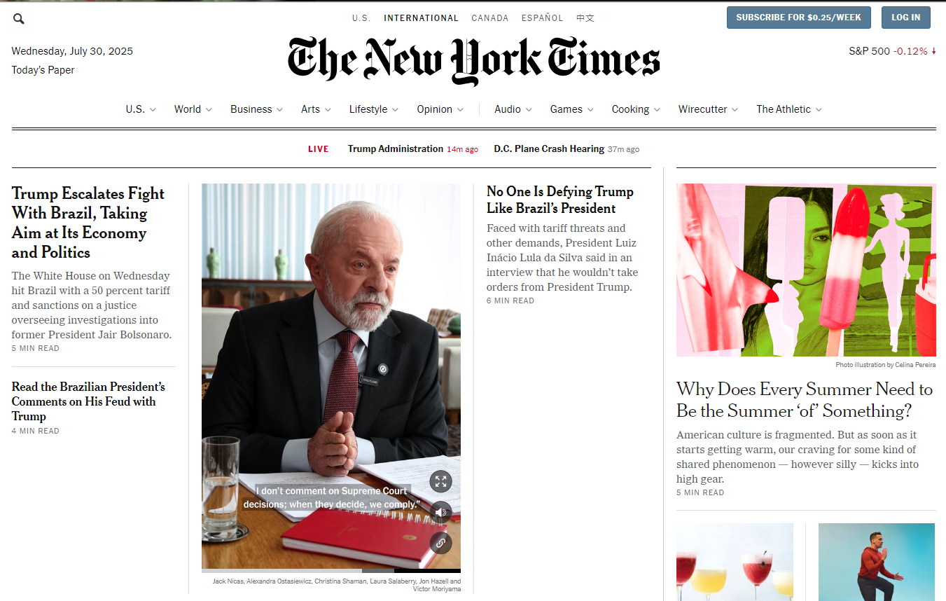 Imprensa internacional repercute tarifas do Brasil e sanção a Moraes