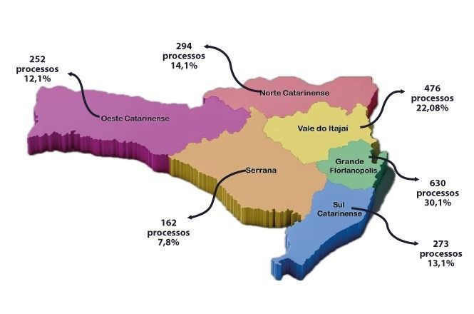 Mapa aponta quantidade de processos envolvendo organizações criminosas em SC • Reprodução/TJSC