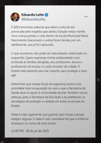 Governador Eduardo Leite se pronuncia em relação ao ataque que deixou uma criança morta e duas feridas • Reprodução/redes sociais