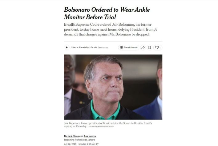 Matéria do New York Times "Bolsonaro é obrigado a usar tornozeleira eletrônica antes do julgamento" • Reprodução/New York Times