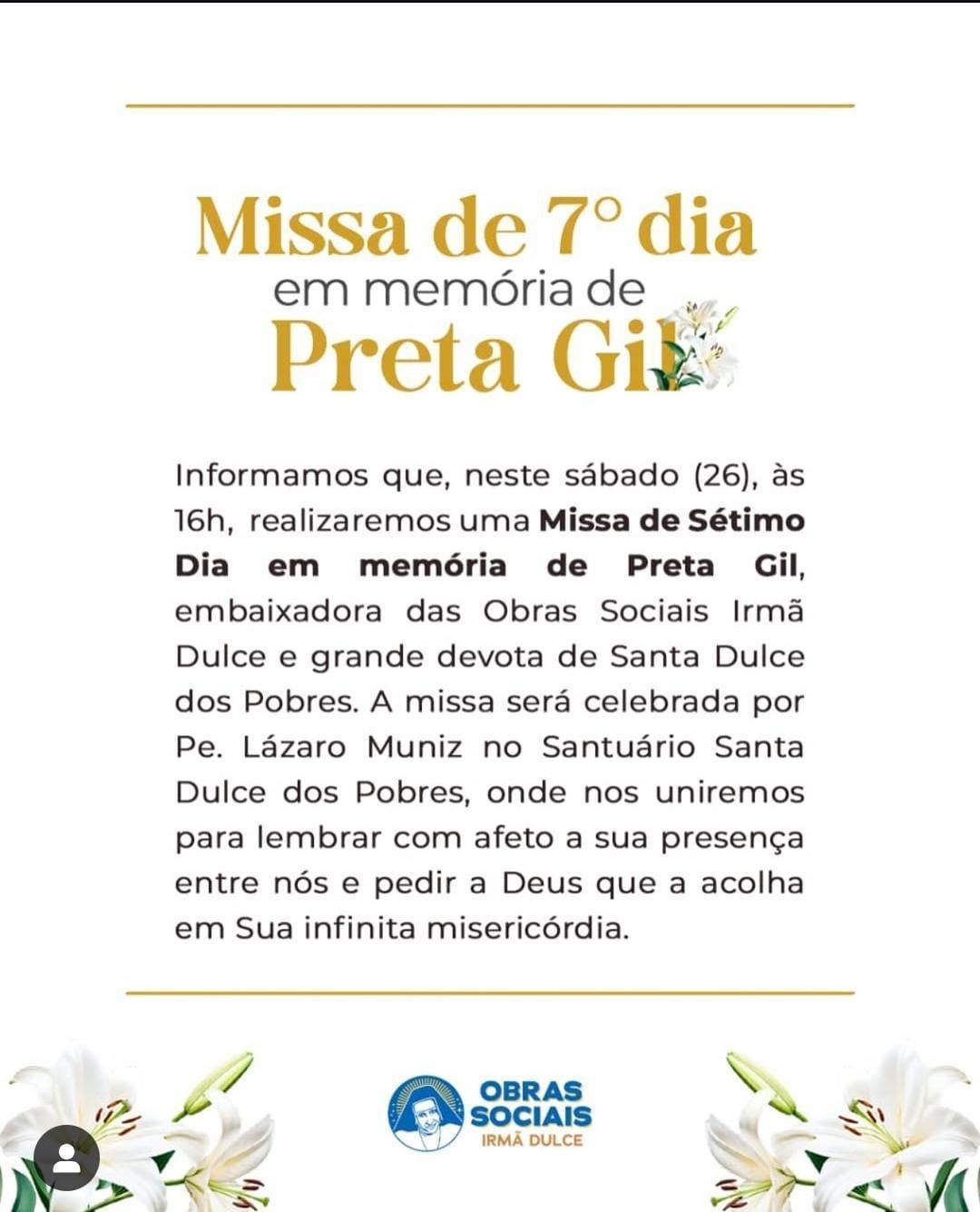 Missa é celebrada às 16h deste sábado (26). • Santuário Irmã Dulce