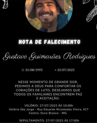 Informações de velório e sepultamento de Gustavo Guimarães Rodrigues. • Reprodução/Redes sociais