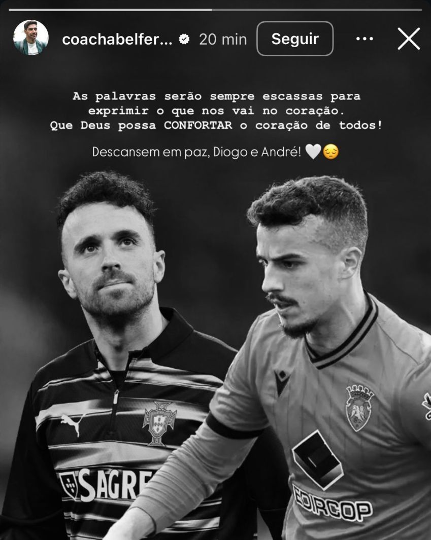 Abel Ferreira lamenta mortes de Diogo Jota e André Silva • Reprodução/Instagram