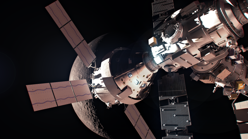 A imagem mostra como será a estação Gateway quando estiver em órbita ao redor da Lua • Nasa