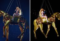 Após incidente com carro suspenso, Beyoncé sobrevoa fãs em cavalo dourado