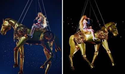 Após incidente com carro suspenso, Beyoncé sobrevoa fãs em cavalo dourado