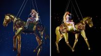 Após incidente com carro suspenso, Beyoncé sobrevoa fãs em cavalo dourado