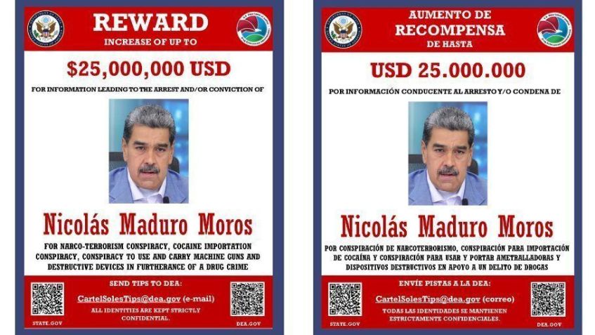 Cartaz da Administração Oficial de Repressão às Drogas dos EUA oferecendo recompensa por infos de Maduro • Reprodução/DEA HQ no X