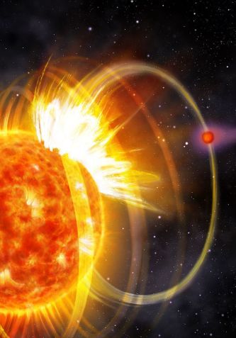 Nesta impressão artística, vemos o planeta HIP 67522 b enviando uma onda de energia pelas linhas do campo magnético em direção à superfície de sua estrela hospedeira • Danielle Futselaar/ESA