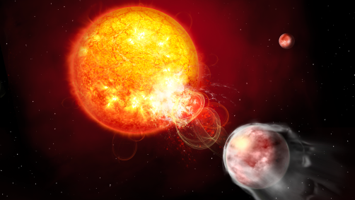 Astrônomos que utilizam a missão Cheops da Agência Espacial Europeia flagraram um exoplaneta pegajoso que parece estar provocando explosões de radiação da estrela que orbita