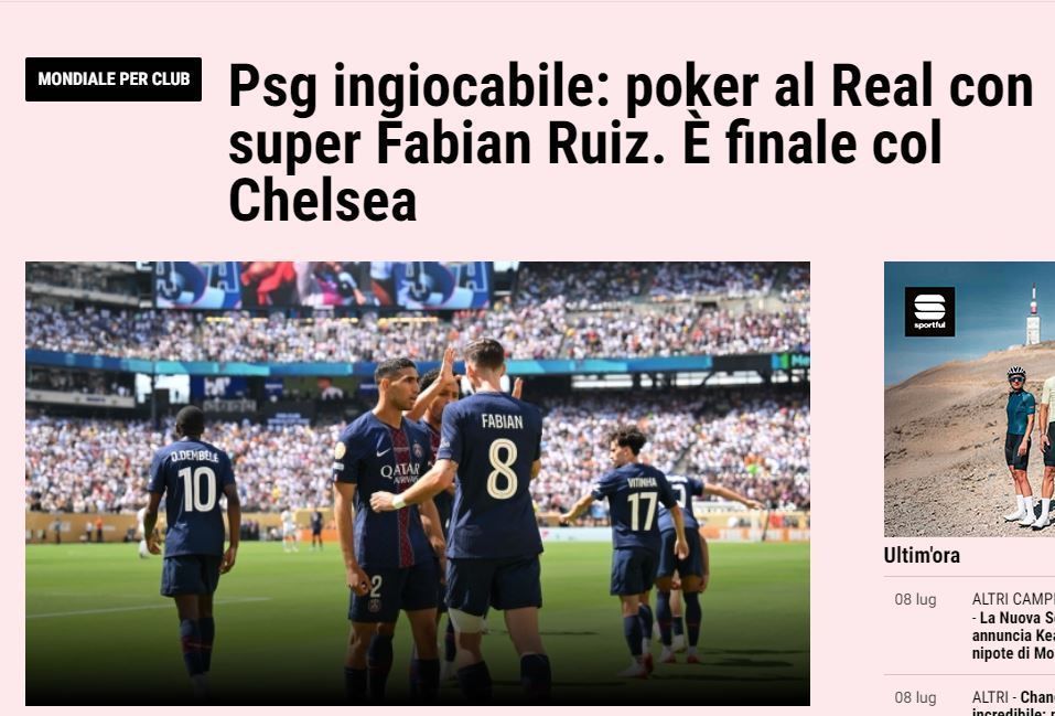 "PSG injogável", manchete da A Gazzetta dello Sport sobre PSG x Real Madrid • Reprodução/A Gazzetta dello Sport