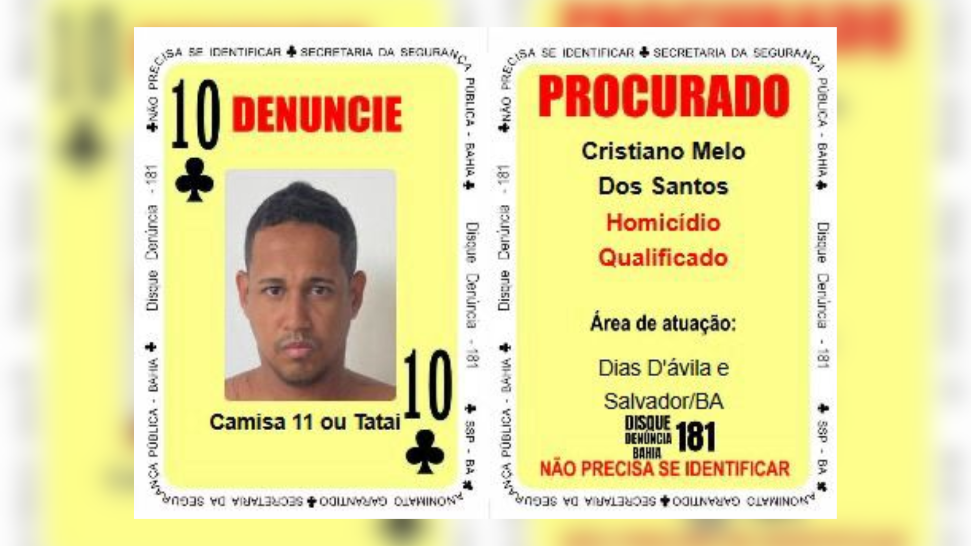 ‘Camisa 11’ ou ‘Tatai’, passou a integrar o Baralho do Crime na manhã desta quinta-feira (31).