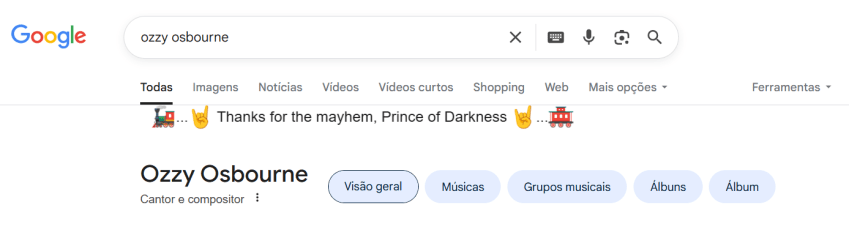 Google faz homenagem ao cantor Ozzy Osbourne, que morreu aos 76 anos • Reprodução/Google