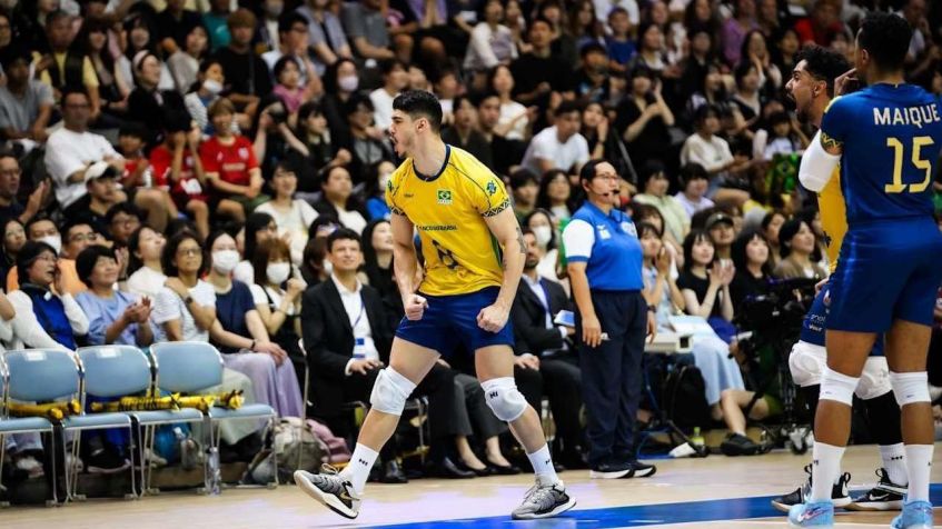 Honorato comemora ponto do Brasil contra a Argentina • Foto: Divulgação/ Volleyball Nations League