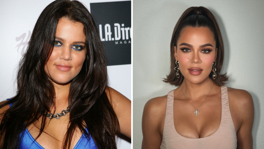 Khloé Kardashian em foto de julho de 2007 e outra em maio de 2025 • Michael Tran/FilmMagic - Getty Images e Reprodução/Instagram