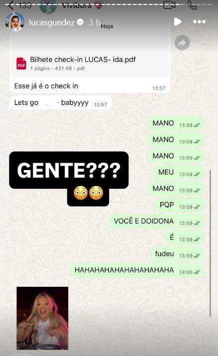 Lucas Guedez mostrou conversa com Virginia Fonseca ao receber passagem de avião • Instagram/Lucas Guedez