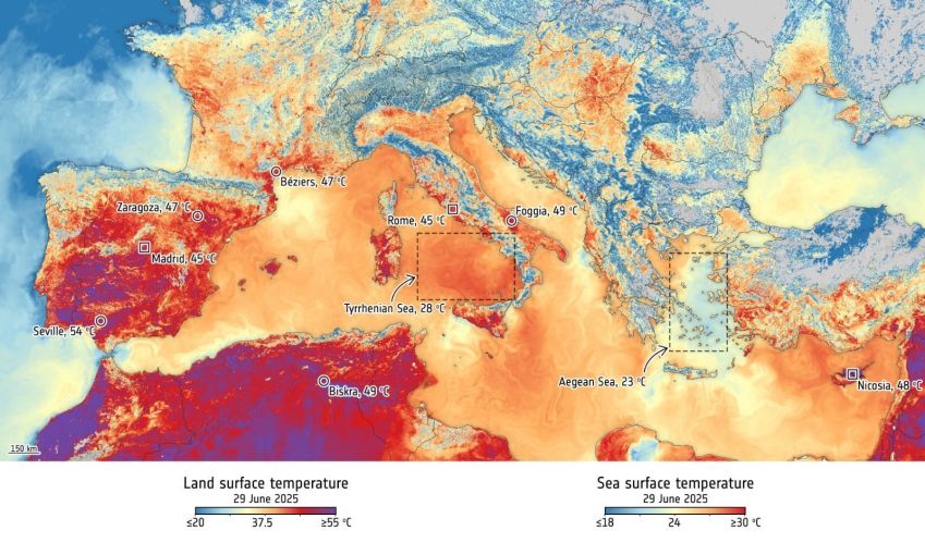 Mapa mostra a temperatura da superfície no dia 29 de junho de 2025 em meio à onda de calor na Europa • Agência Espacial Europeia