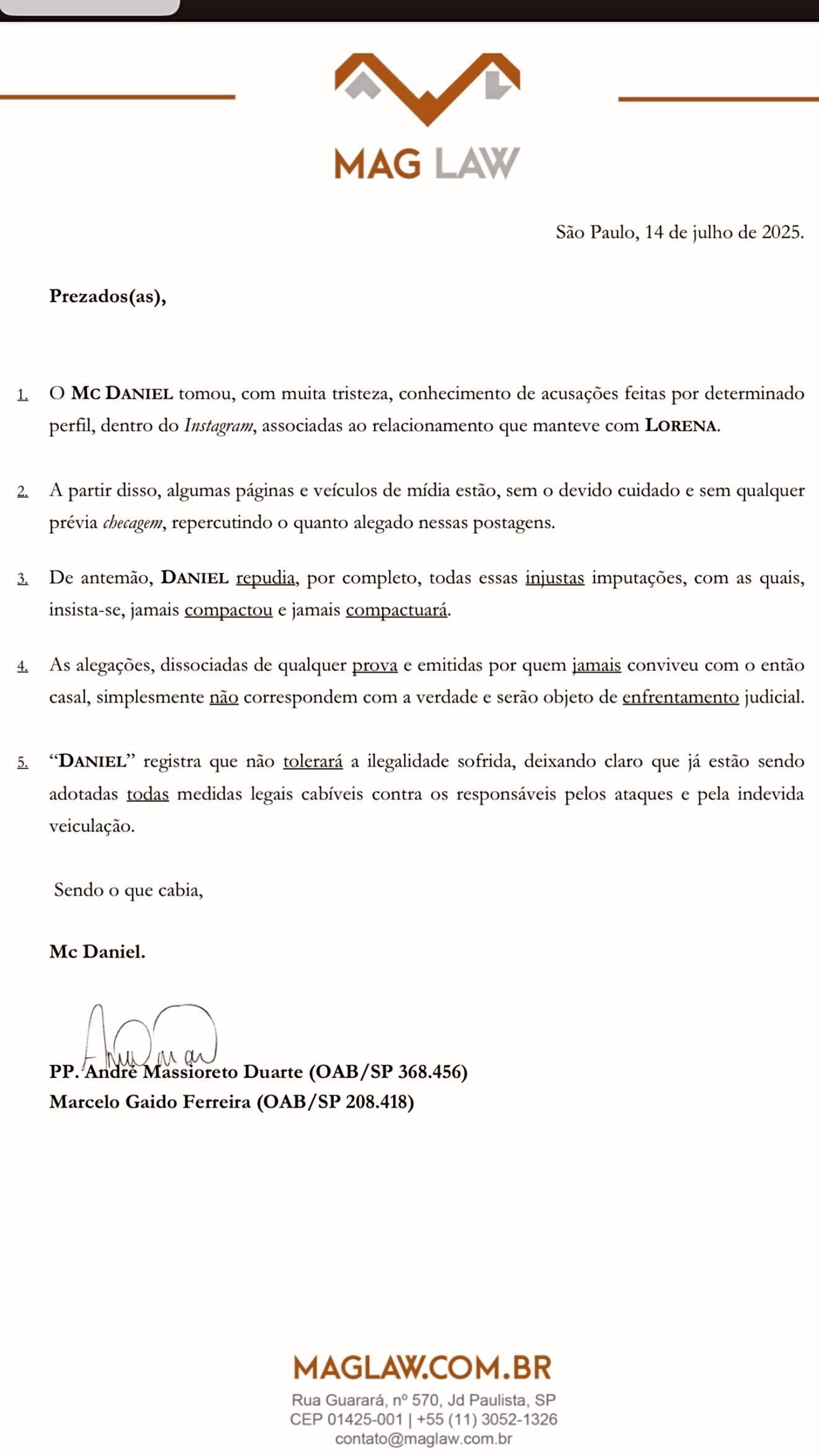 MC Daniel promete processar quem o acusou de manter um relacionamento tóxico com Lorena Maria • Instagram/MC Daniel