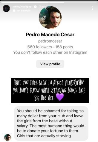 Memphis respondeu torcedor no Instagram • Reprodução/Instagram