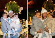 Neymar posa com as duas filhas, Mavie e Helena, em festa de 1 ano da caçula