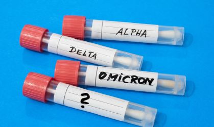 Swab tubes with medical samples on blue background