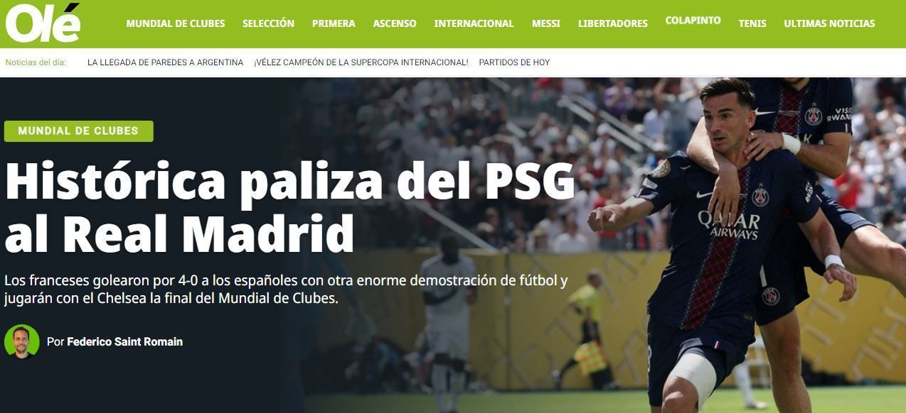 "Goleada histórica do PSG sobre o Real Madrid", manchete do argentino Olé sobre o confronto • Reprodução/Olé