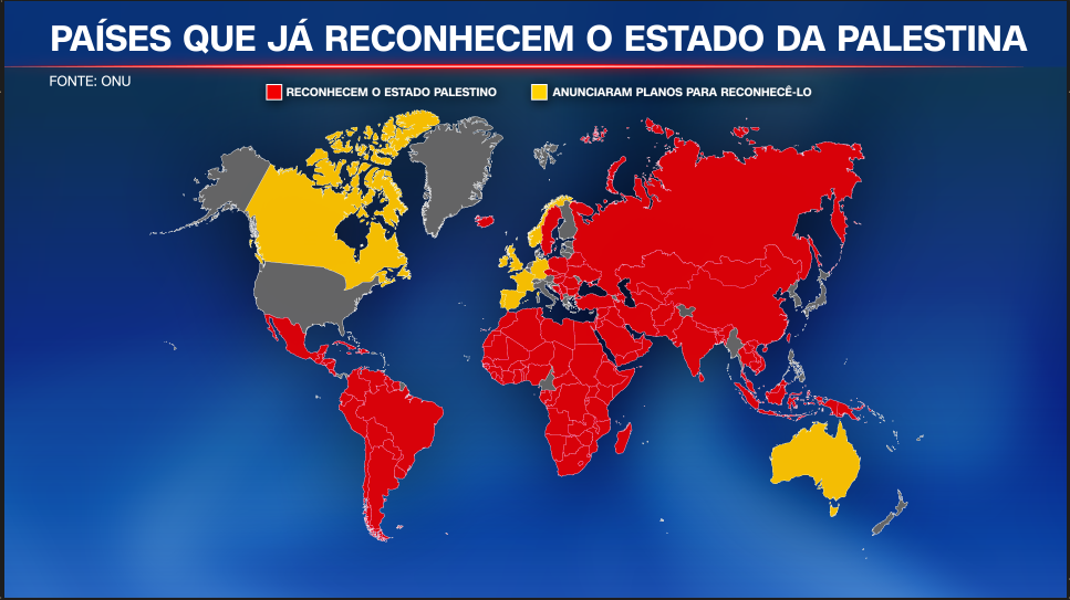 Mapa com países que reconhecem o Estado da Palestina • Arte/CNN Brasil