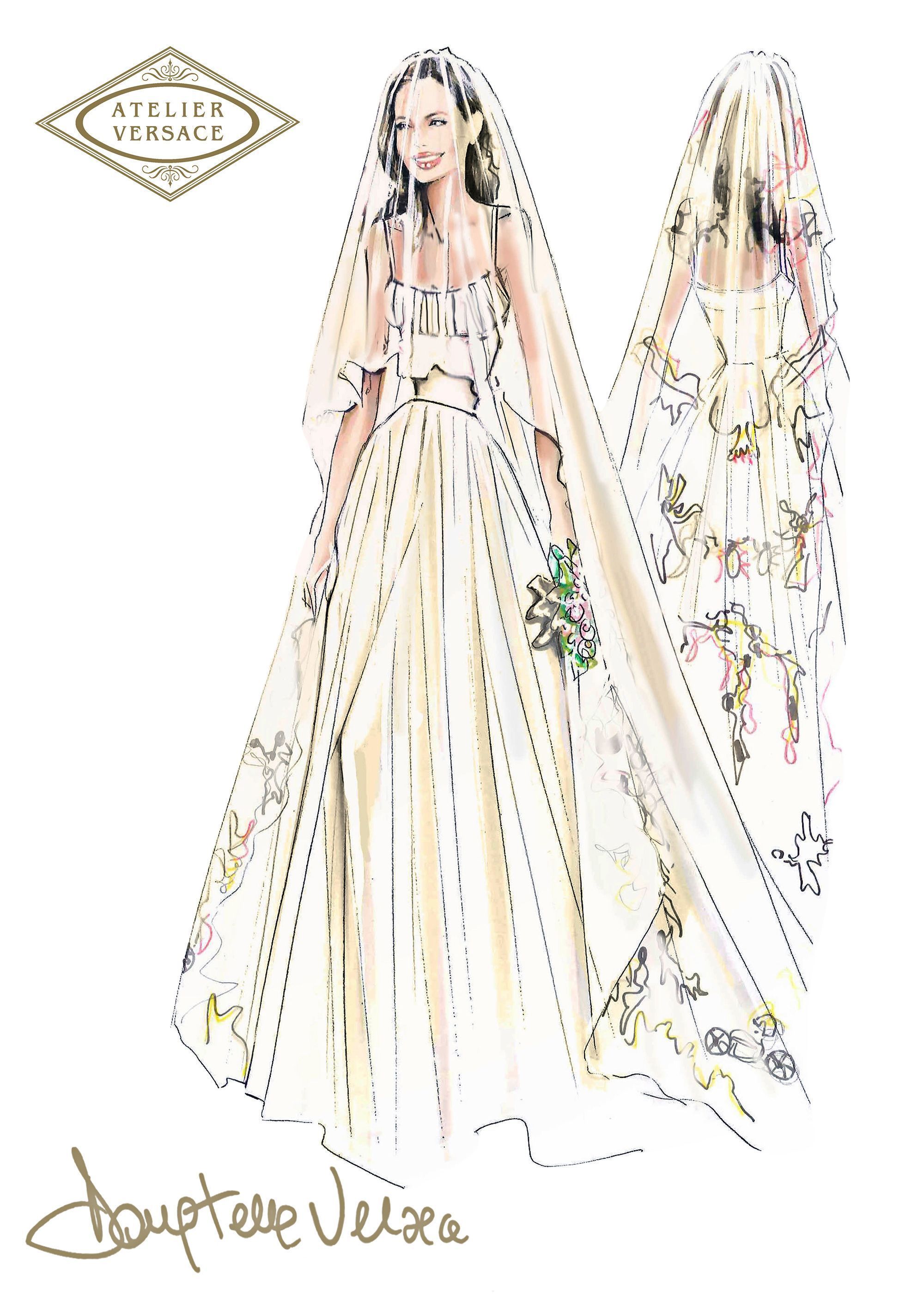Esboço do vestido de noiva de Angelina Jolie por Donatella Versace, bordado com desenhos de seus filhos, agosto de 2014 • ABACA/Shutterstock via CNN Newsource