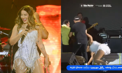 Walkyria Santos, ex-Magníficos, cai no palco após invasão de fã; veja