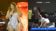 Walkyria Santos, ex-Magníficos, cai no palco após invasão de fã; veja